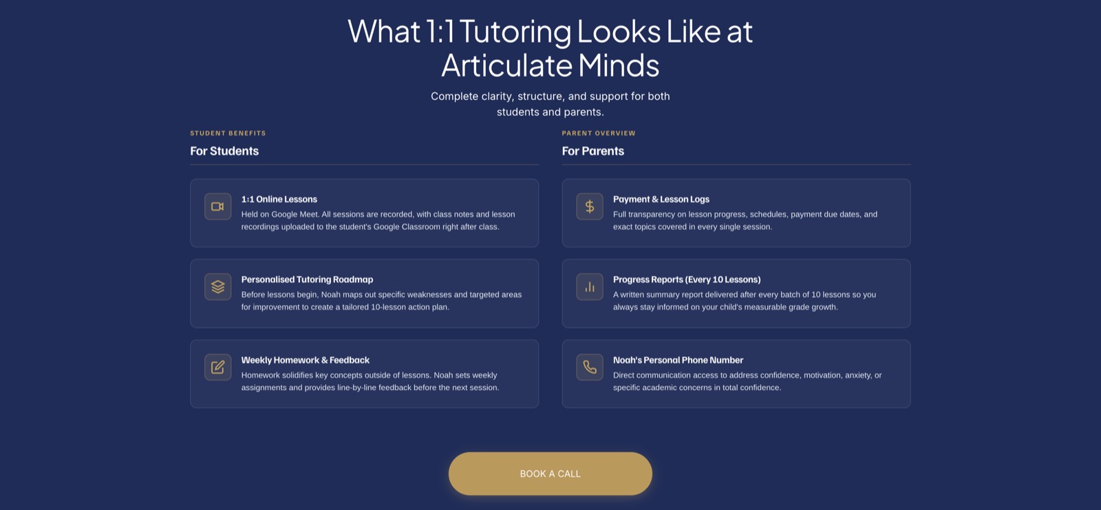 Articulate Minds page explaining what 1:1 tutoring looks like, with separate benefits for students and parents