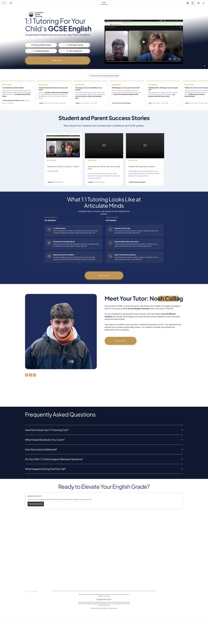 Full homepage of the Articulate Minds Tutoring website