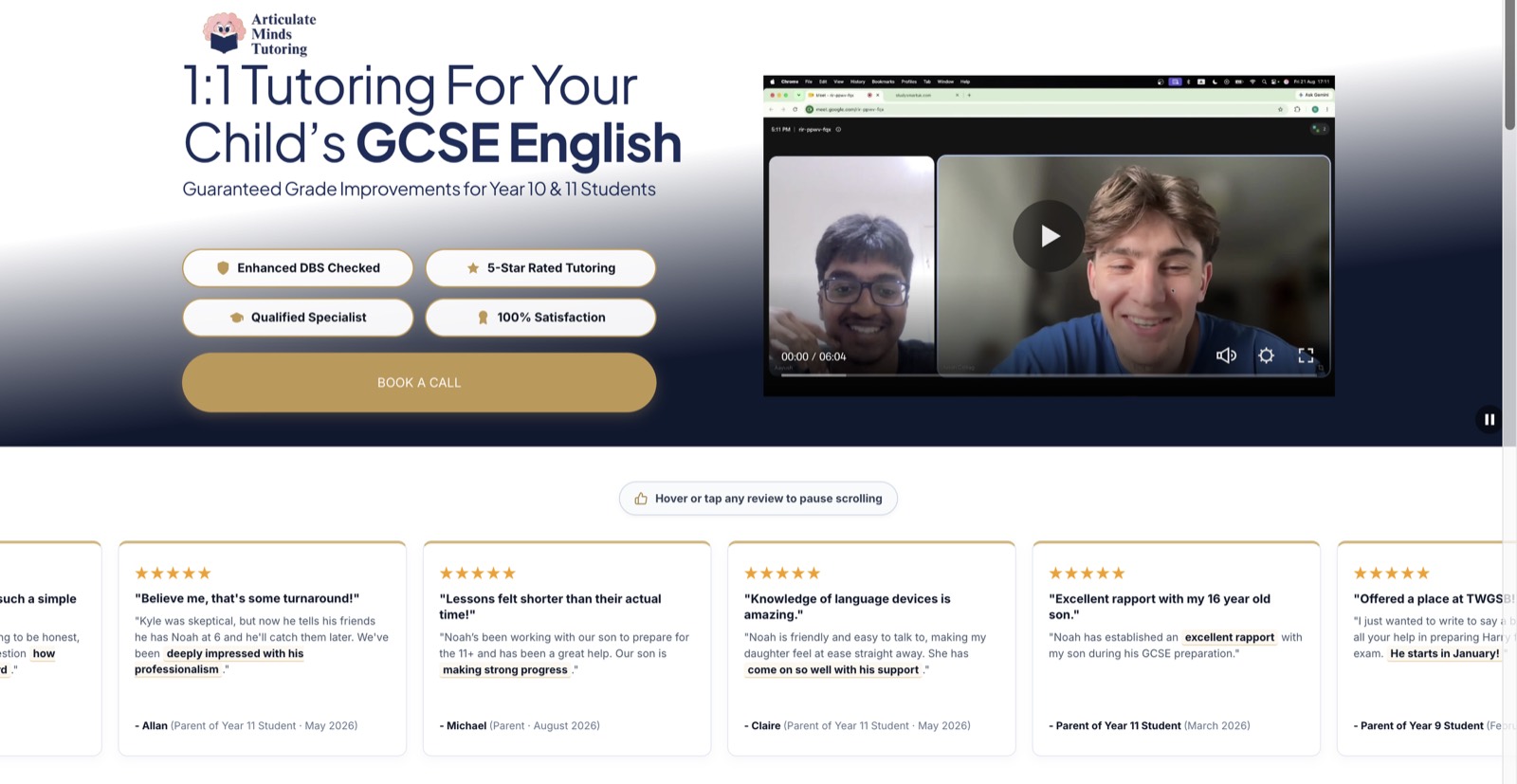 Articulate Minds Tutoring homepage with the headline 1:1 Tutoring For Your Child's GCSE English, trust badges and a video call with a student