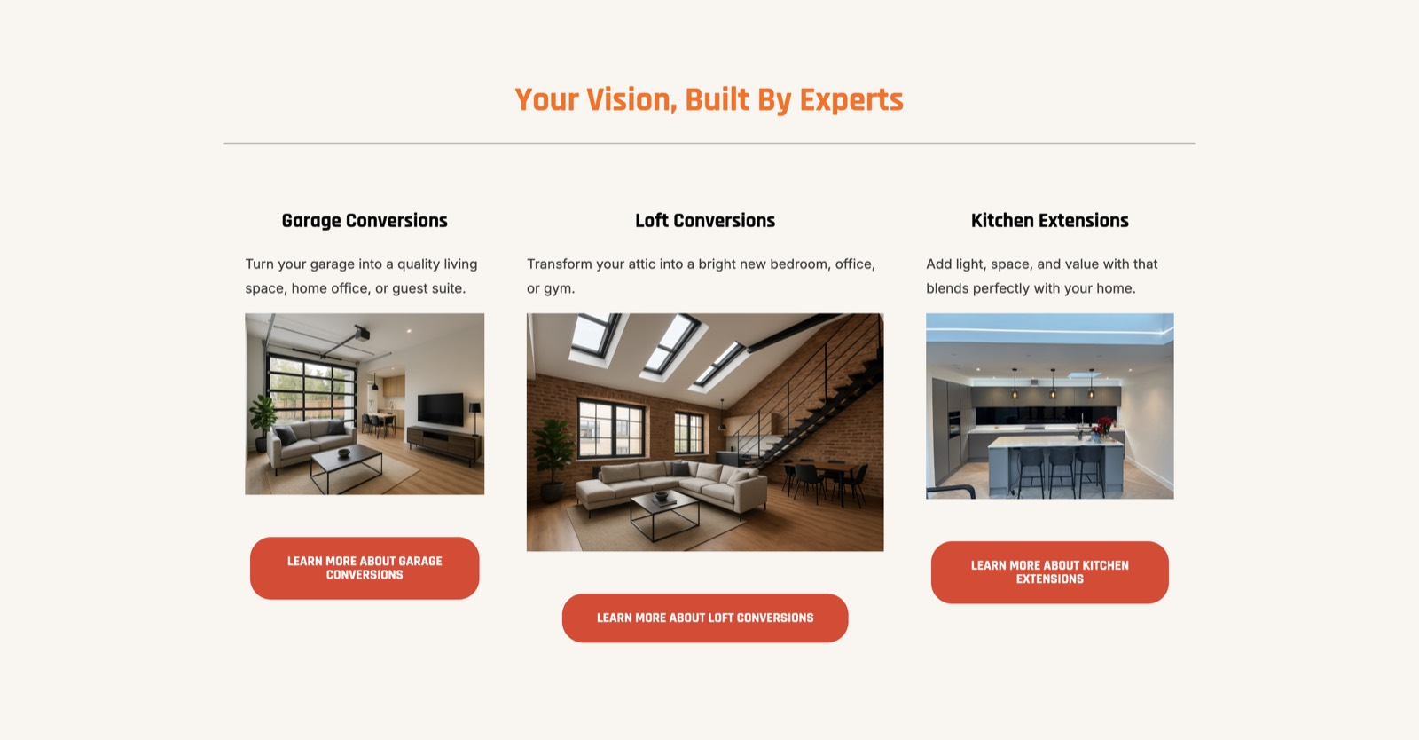Glevum Building services section with photos and descriptions of garage conversions, loft conversions and kitchen extensions