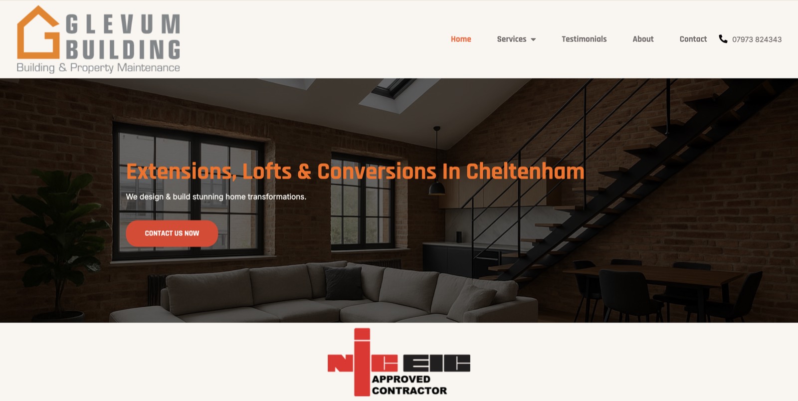 Glevum Building homepage with the headline Extensions, Lofts and Conversions over a photo of a modern brick loft interior