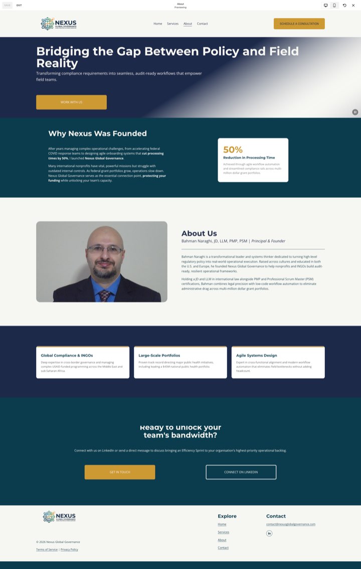 Full About page of the Nexus Global Governance website