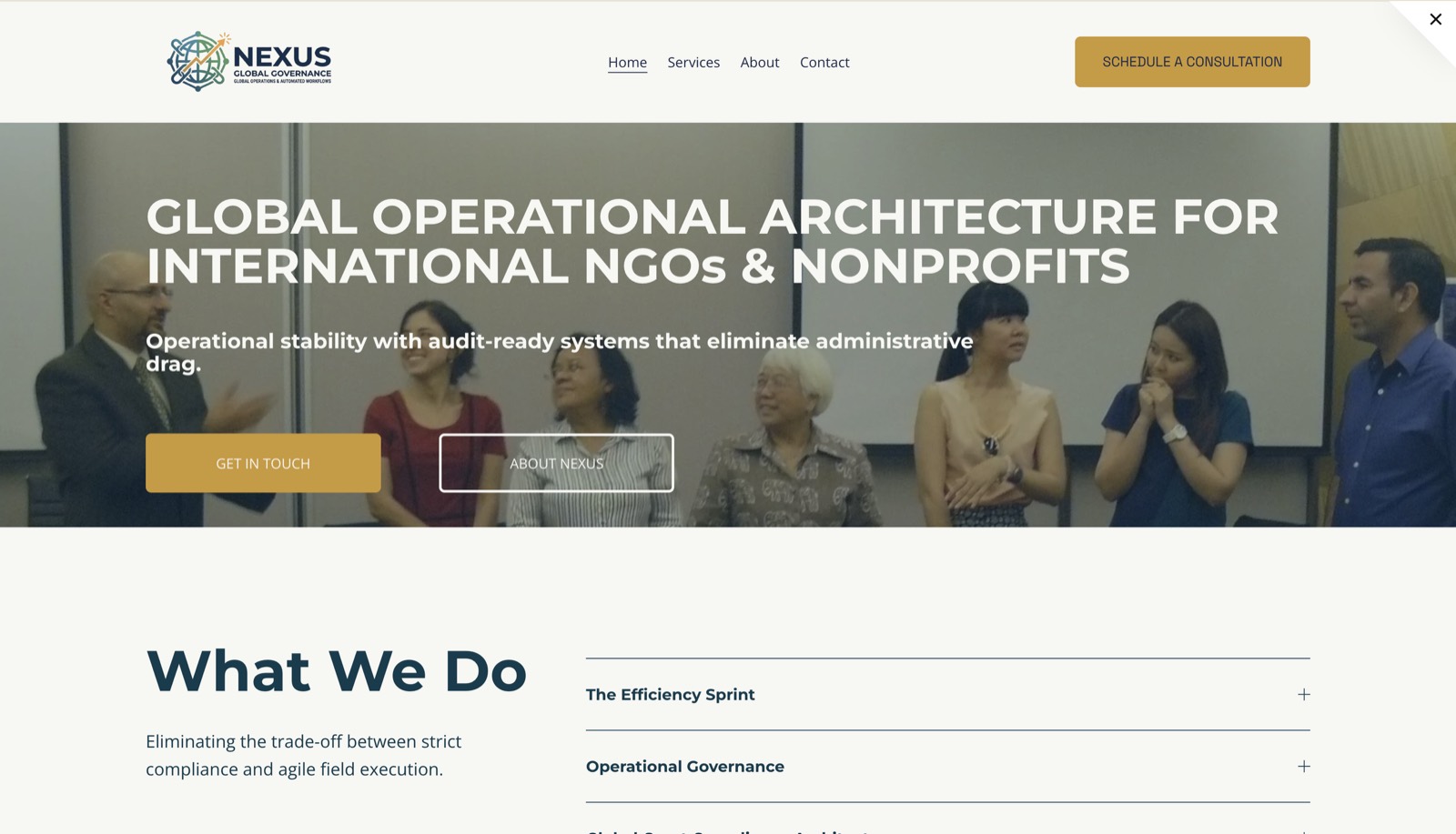 Nexus Global Governance homepage with the headline Global Operational Architecture for International NGOs and Nonprofits over a team meeting photo